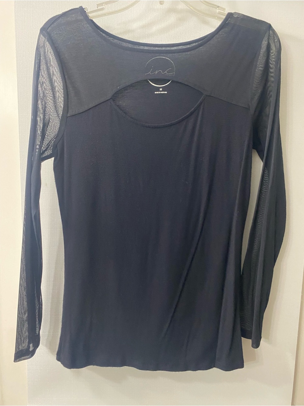 INC International Concepts Black Sheer-Inset Long Sleeve Top